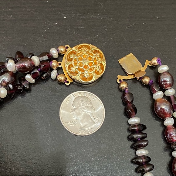 Triple Strand Garnet Crystal Pearl Lampwork Glass Beads Multi-Stand 17” Necklace - Picture 9 of 15